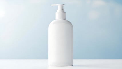 White blank plastic pump bottle mockup on light blue background
