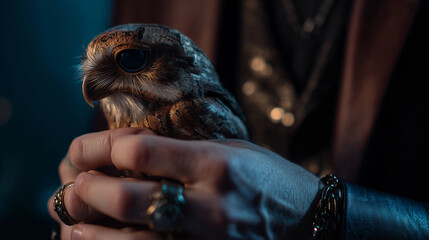 Un uomo che tiene per mano un uccello a grandezza naturale fatto di luce, compagnia emotiva oltre la specie, logica onirica. Surrealismo.