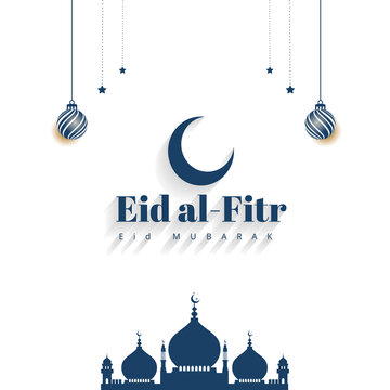 Eid al-Fitr Mubarak celebration with lanterns, crescent moon, and mosque silhouette

