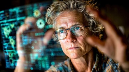 Focused Middle-Aged Female Engineer Analyzing Data with Raised Hands