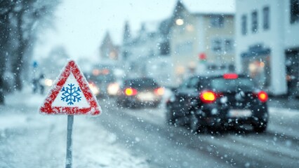 A snow hazard warning sign stands in a snowy landscape, indicating caution for drivers in winter conditions