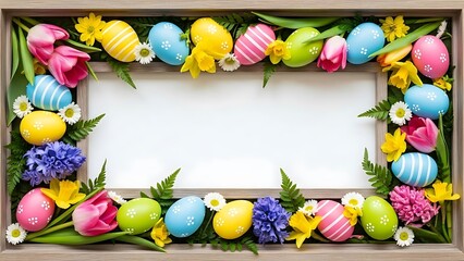 Easter eggs and flowers in a wooden frame colorful eggs Happy Easter
