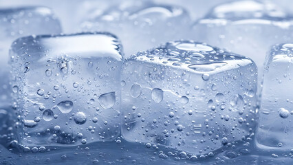 Refreshing frozen ice cubes with water condensation macro view
