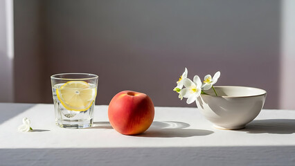 Minimalist still life with fresh peach lemon water and spring flowers