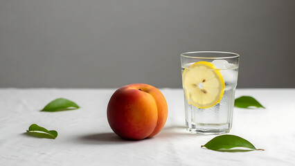 Refreshing ripe peach and glass of iced lemon water on white table