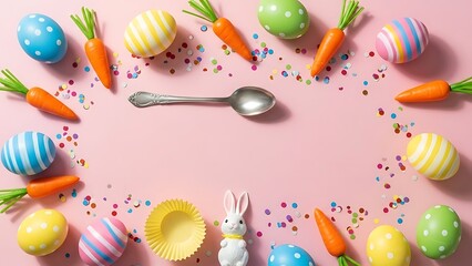 Easter eggs carrots and bunny on pink background with confetti Happy Easter