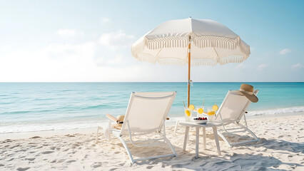 Luxury white beach chairs and umbrella on a tropical sandy beach