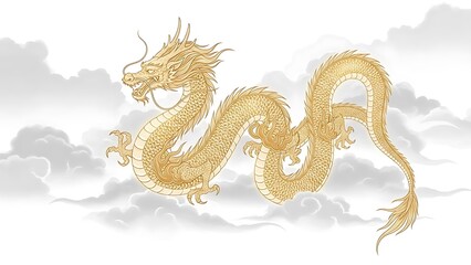 Fototapeta premium Golden dragon illustration floating amidst clouds from a mystical viewpoint