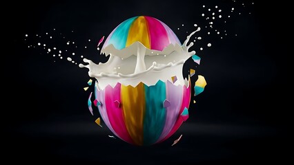 Exploding colorful Easter egg with milk colorful egg Happy Easter