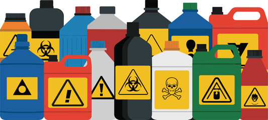 Colorful chemical containers with hazard warning symbols, toxic biohazard labels, industrial cleaning products bottles, dangerous substances storage concept, flat vector illustration design