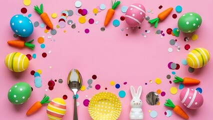 Easter eggs, carrots, and bunny on pink background Happy Easter