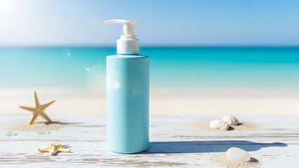 Blue cosmetic pump bottle on white wooden table with tropical beach background