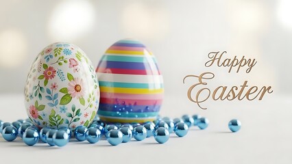 Happy Easter eggs and blue beads decorated eggs Easter celebration