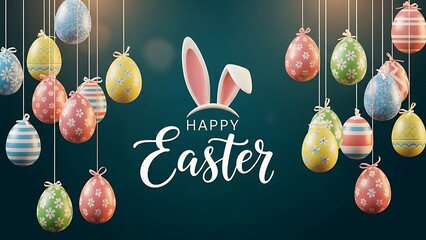 Happy Easter with hanging eggs and bunny ears holiday