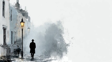 Obraz premium Cinematic Watercolor Illustration of Lone Man in Historic City with Fog and Reflections