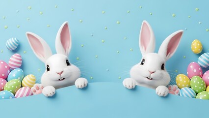 Two white Easter bunnies with Easter eggs white bunnies Happy Easter
