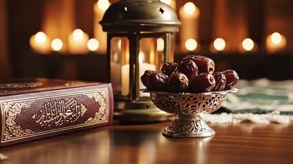 The spiritual ramadan observance is captured in this warm golden close-up, showing dates, a holy quran, and a traditional lantern on a dark table with candle bokeh.