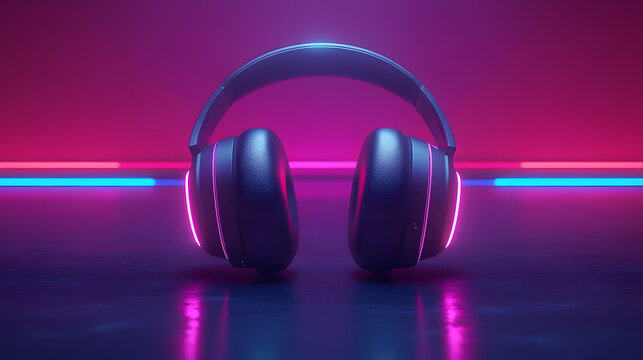 Immersive Sound Wireless Over-Ear Headphones,Stylish over-ear headphones illuminated by vibrant neon lights on a reflective surface
