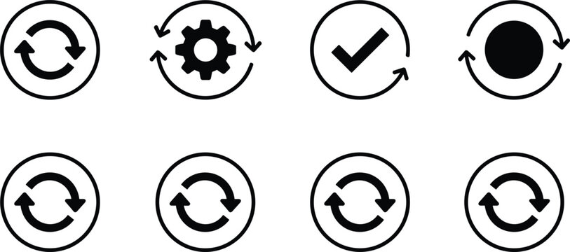 Refresh status icons set including sync gear check and progress symbols representing update process minimal black vector illustration