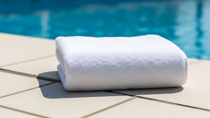 Clean white cotton towel on the edge of a blue swimming pool