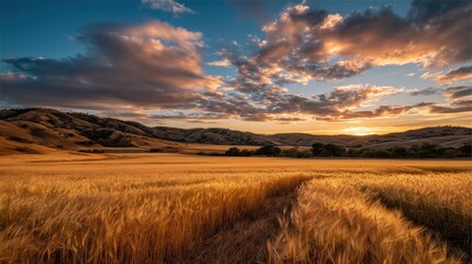 Fototapeta premium Sunset over golden fields with clouds in the sky and hills in the background