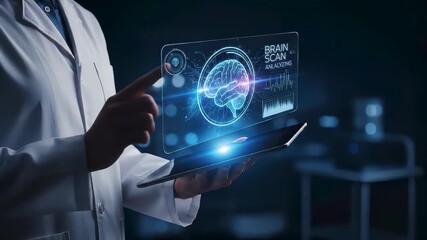 Doctor using tablet with AI-powered brain scan interface for digital diagnosis, biometric analysis, and smart healthcare technology in a futuristic medical environment. - Powered by Adobe