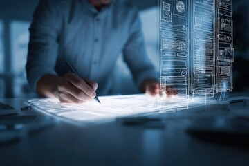 professional architect or software developer working on a futuristic digital touch interface with holographic blueprints and wireframes in a dark modern office environment with glowing light effects