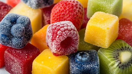 Assortment of frozen fruit cubes and berries covered in ice frost