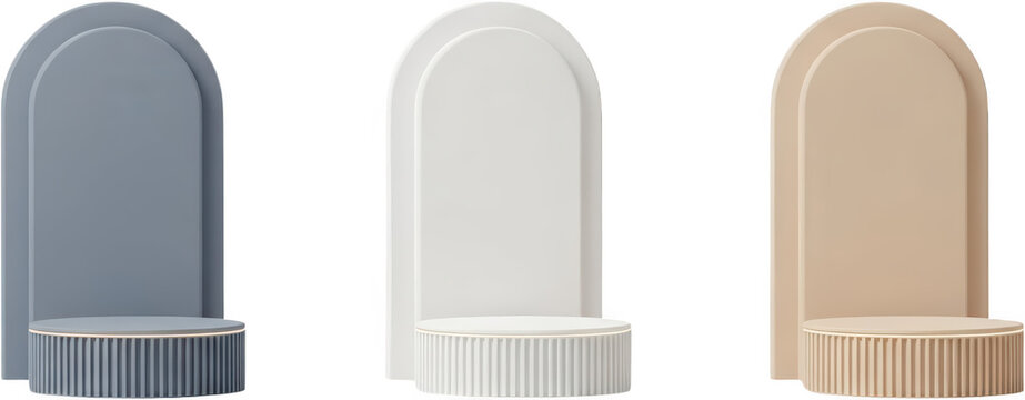 Three modern cosmetic display podiums featuring rounded arches and ribbed cylinders in muted blue white and beige tones product presentation pedestal geometric studio transparent background