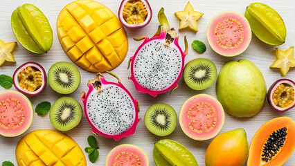 Variety of fresh sliced tropical fruits arranged on white wooden background