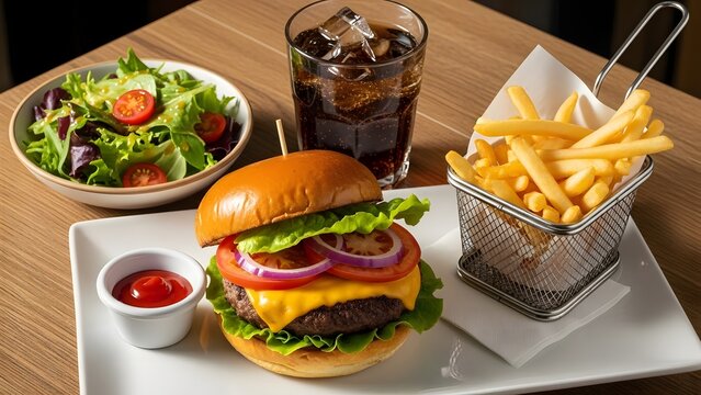 Classic American burger with fries, salad, and soda for a perfect meal