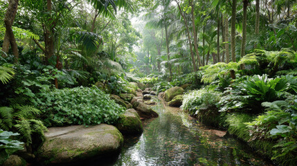 lush tropical rainforest with a clear stream flowing through mossy rocks and dense green vegetation including ferns and palm trees in a serene jungle landscape under soft misty natural daylight