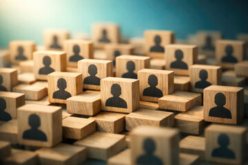 Fototapeta premium Many blocks display a person icon in a stacked arrangement with an out of focus appearance and a light source