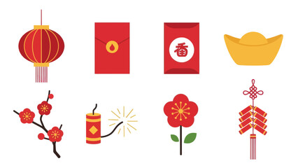 Chinese New Year Icons: Lantern, Red Envelopes, Gold Ingot, Plum Blossom, Firecrackers
