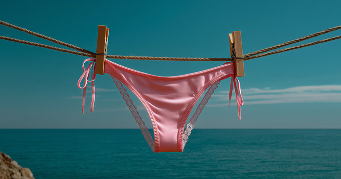 Mutande appese su una corda con mollette. Mare come sfondo.