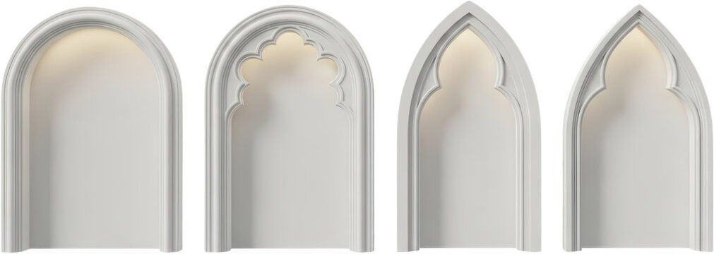 A collection of four white decorative wall niches featuring rounded and pointed gothic arch architectural moldings with subtle internal lighting archway architectural element transparent background