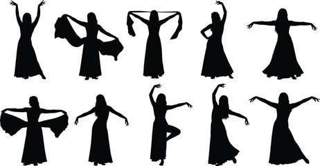Belly Dancer Silhouette Vector Collection, Oriental Dance Woman Figures, Ethnic Performer Set for Arabian Night Party Design, Traditional Middle Eastern Dancing, 10 Elements.