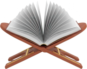 An open thick book rests upon a foldable wooden reading stand with golden accents showing many white pages rehal scripture knowledge education literature religious transparent background
