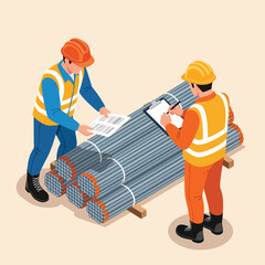 Construction workers inspecting metal rebar inventory on a site, ensuring quality control for building projects.