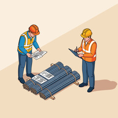 Construction workers inspecting steel rebar on a site, representing site management and quality control in building projects.