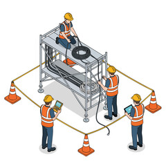 Construction workers installing electrical cables and wires on scaffolding, safety protocols in place.