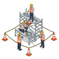 Construction workers installing cables on scaffolding, professional teamwork at a work site.