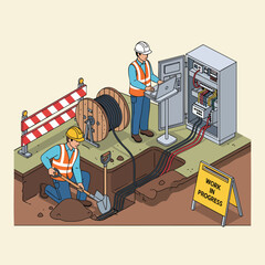 Construction workers installing fiber optic cables and electrical equipment, communication network upgrade.