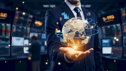 Businessman hand holding digital global world finance globe hologram with currency money exchange banking economy investment market international business trade network system - Powered by Adobe