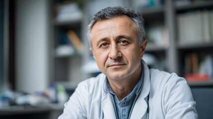 Obraz premium Mature doctor with stethoscope in office setting looks concerned