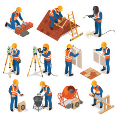 Construction workers performing various tasks with isometric industrial building and infrastructure vector icons.