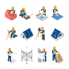 Construction workers performing various tasks in isometric style, ideal for industry and building illustrations.