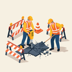 Construction workers repairing road with jackhammer and shovel, safety barriers and cones in place.