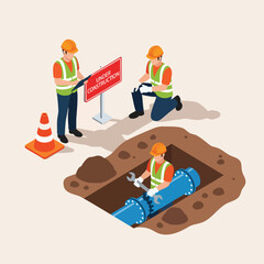 Construction workers repairing a large pipe underground with traffic cone and 'Under Construction' sign.