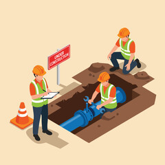 Construction workers repairing underground pipeline, teamwork, infrastructure development, industry, under construction site.